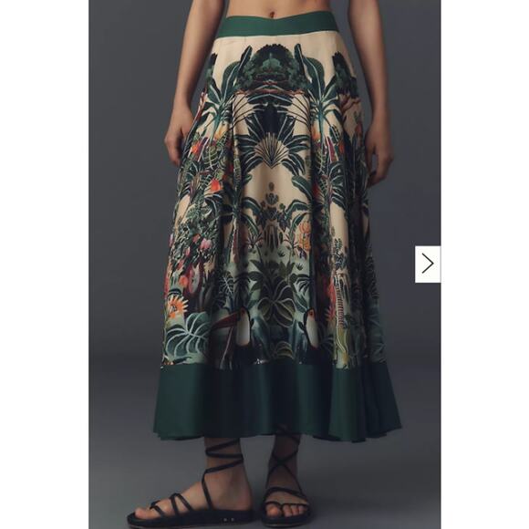 Farm Rio Skirt Womens Large Jungle Print V Waist Midi Green Tropical Boho Chic - Picture 2 of 14